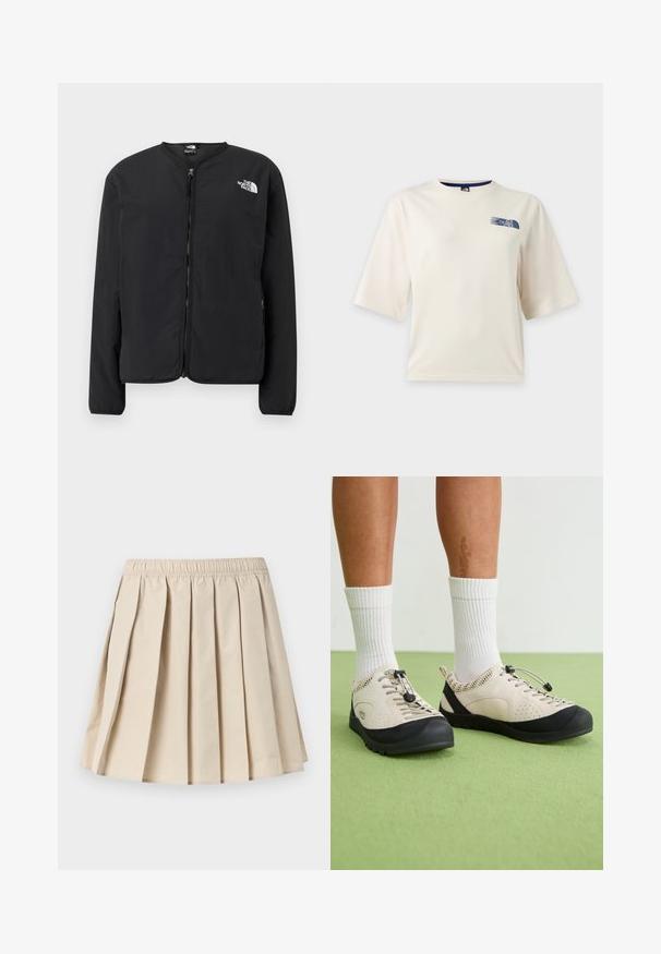 Veste noire à fermeture éclair sur le devant avec un col rond, arborant le logo The North Face en blanc sur la poitrine gauche. Tissu léger, manches longues, sans motifs.; T-shirt blanc à manches courtes avec un petit logo bleu The North Face sur la partie supérieure gauche de la poitrine.; Jupe plissée beige avec taille élastique, longueur au genou, tissu lisse, plis plats uniformément espacés.; Des chaussures beiges avec des accents noirs, des panneaux latéraux en maille et un système de laçage sécurisé à réglage rapide. Semelles en caoutchouc épaisses avec un motif de semelle. Portées avec des chaussettes blanches.