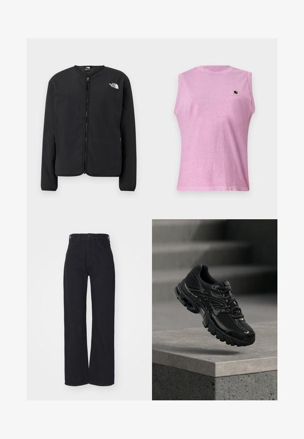 Čierna bunda s predným zipsom a okrúhlym výstrihom, s logom The North Face v bielej farbe na ľavej hrudi. Ľahký materiál, dlhé rukávy, bez vzorov.; Bezrukávové svetlofialové tričko s okrúhlym výstrihom a nášivkou s logom Carhartt na hornej ľavej strane hrude, zobrazené na jednoliatom pozadí.; Čierne široké džíny s vysokým pásom, so zapínaním na prednom gombíku a zips, pútkami na opasok a dvoma prednými vreckami na bielom pozadí.; Čierna bežecká topánka Nike s sieťovinovou a syntetickou vrchnou časťou vznášajúca sa nad betónovým povrchom a schodíkmi v pozadí.