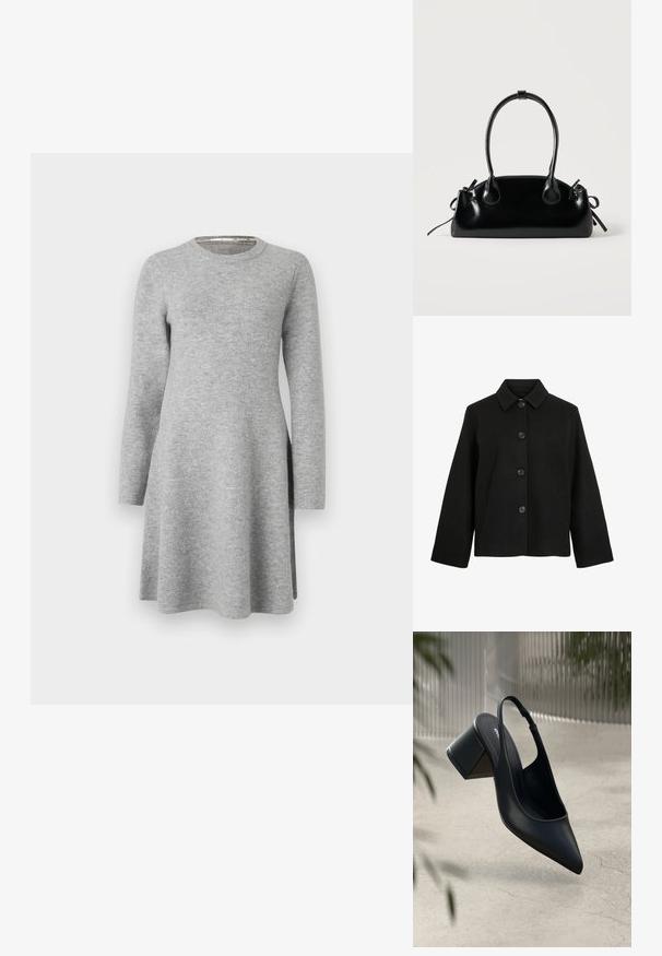 Veste en laine noire avec col classique, manches longues, fermeture boutonnée devant et poches latérales, présentée sur fond blanc.; Robe grise à manches longues en tissu doux ; présente un col rond et une coupe décontractée, s'évasant légèrement à l'ourlet avec des fentes latérales.; Escarpin noir en cuir avec un bout pointu et un talon bloc. Texture lisse, design minimaliste et bride de cheville réglable.; Petit sac à main noir brillant avec deux longues anses et des détails à cordon sur les côtés sur un fond clair uni.