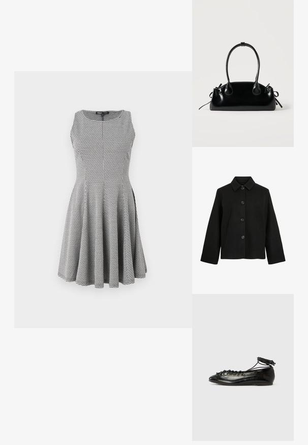 Veste en laine noire avec col classique, manches longues, fermeture boutonnée devant et poches latérales, présentée sur fond blanc.; Robe sans manches à carreaux noir et blanc avec un corsage ajusté et une jupe évasée, texture lisse et détails de couture subtils.; Ballerines en cuir verni noir avec un bout rond, un design à lacets et une semelle plate. Texture lisse avec peu de détails.; Petit sac à main noir brillant avec deux longues anses et des détails à cordon sur les côtés sur un fond clair uni.