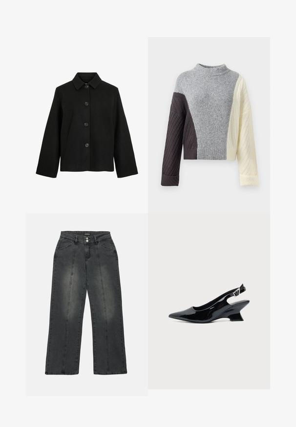 Veste en laine noire avec col classique, manches longues, fermeture boutonnée devant et poches latérales, présentée sur fond blanc.; Pull en tricot épais avec un design bicolore en gris, marron foncé et crème, doté d'un col montant et de bords côtelés aux poignets et à l'ourlet.; Jean large en denim gris foncé, avec une taille haute, deux poches avant, des coutures centrales et un léger dégradé sur le tissu.; Chaussure slingback en cuir verni noir avec bout pointu et petit talon bloc incliné sur fond clair uni.
