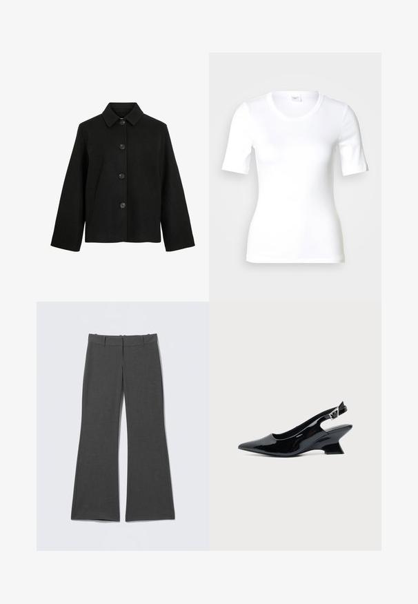 Chaqueta de lana negra con cuello clásico, mangas largas, cierre frontal con botones y bolsillos laterales, mostrada sobre un fondo blanco.; Camiseta blanca de manga corta hecha de algodón liso, con escote redondo y forma ajustada. Diseño clásico, sin estampados ni adornos.; Pantalones acampanados grises hechos de tela ligera. Cuentan con una cintura plana, costuras sutiles y una textura suave sin patrones visibles.; Zapato slingback de cuero charol negro con puntera puntiaguda y tacón bajo en bloque inclinado sobre fondo claro liso.