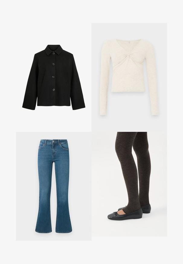 Veste en laine noire avec col classique, manches longues, fermeture boutonnée devant et poches latérales, présentée sur fond blanc.; Haut à manches longues crème en tissu doux et texturé. Doté d'un col en V et d'un détail torsadé au centre. Design court.; Jean en denim bleu évasé avec une taille mi-haute, design à cinq poches et un subtil détail de couture. Texture lisse avec un lavage classique.; Jambes portant des leggings côtelés foncés associés à des ballerines noires avec de petits détails en nœud sur fond blanc.