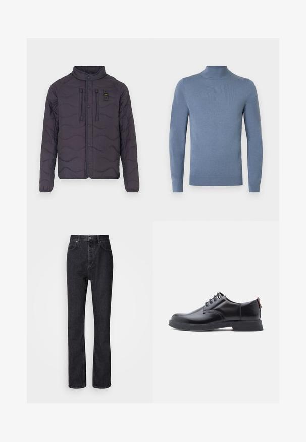 Padded paarse jas met een golfpatroon, drukknopen sluiting en een hoge kraag. Beschikt over twee voorzakken en accentstiksels.; Lichtblauwe coltrui van gebreide stof, met lange mouwen, geribde kraag en zoom. Eenvoudig ontwerp zonder zichtbare patronen.; Hoge taille zwarte denim jeans met een knoop- en ritssluiting, voor- en achterzakken en een rechte pasvorm.; Zwarte leren veter schoenen met een gladde textuur, ronde neus en subtiel stiksel detail. Voorzien van een rode trekband op de hiel.