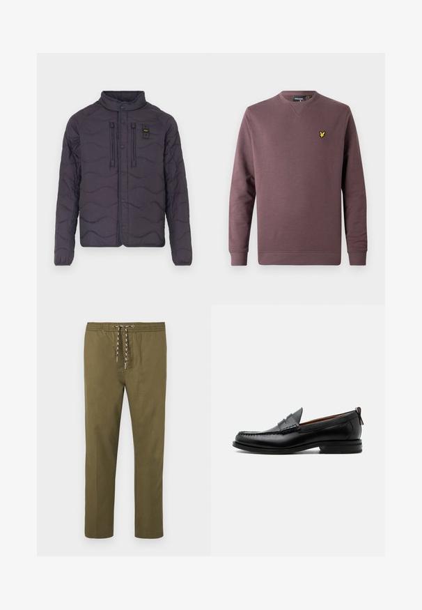Chaqueta morada acolchada con un patrón de olas, cierre de botones a presión y un cuello alto. Cuenta con dos bolsillos frontales y costuras decorativas.; Sudadera granate de algodón, con cuello redondo, mangas largas y logo de un pájaro amarillo en el pecho izquierdo. Diseño sencillo, color sólido.; Pantalones verde oliva con cintura elástica y cordón ajustable. Diseño de pierna recta; la tela tiene una textura suave y lisa.; Mocasín de hombre de piel negra con costura moc toe, tira penny, cuello texturizado y tacón bajo apilado sobre fondo blanco.
