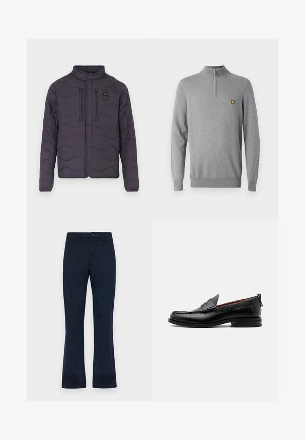 Padded paarse jas met een golfpatroon, drukknopen sluiting en een hoge kraag. Beschikt over twee voorzakken en accentstiksels.; Grijze trui van gebreide stof met een kwart rits kraag en geribbelde manchetten. Bevat een klein geel geborduurd logo op de borst.; Navyblauwe katoenen broek met een recht design, voorzien van een knoopsluiting aan de voorkant, riemlussen en twee zijzakken. Soepele textuur.; Zwarte leren herensloffen met moc toe stiksel, pennyriem, gestructureerde kraag en lage gestapelde hak op witte achtergrond.