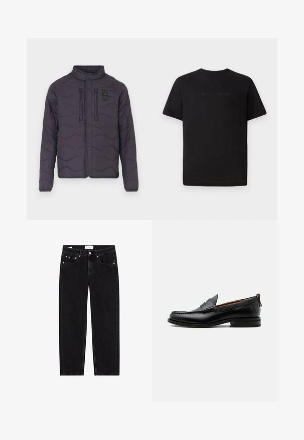 Chaqueta morada acolchada con un patrón de olas, cierre de botones a presión y un cuello alto. Cuenta con dos bolsillos frontales y costuras decorativas.; Lacoste Camiseta básica - black; Vaqueros de mezclilla negra con un corte recto, textura ligeramente desgastada, cinco bolsillos y detalles en metal plateado. Etiqueta en la cintura.; Mocasín de hombre de piel negra con costura moc toe, tira penny, cuello texturizado y tacón bajo apilado sobre fondo blanco.