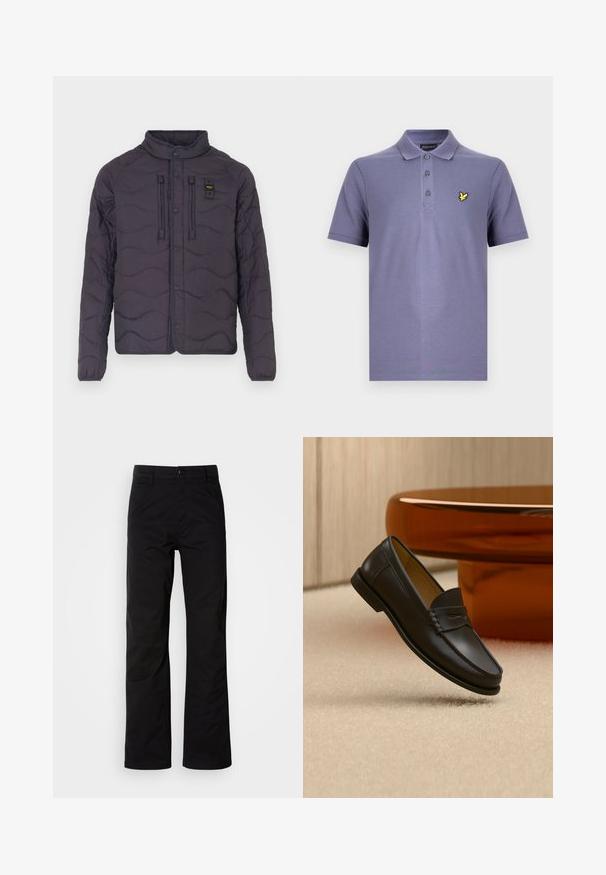Chaqueta morada acolchada con un patrón de olas, cierre de botones a presión y un cuello alto. Cuenta con dos bolsillos frontales y costuras decorativas.; Camisa tipo polo púrpura con una tapeta de tres botones, mangas cortas y un pequeño logo de un pájaro amarillo en el lado izquierdo del pecho. Tejido de mezcla de algodón.; Pantalones de algodón negros con un diseño de pierna recta, que cuentan con un cierre de botón y lazos para cinturón. Textura suave y estilo minimalista sin patrones visibles.; Zapato mocasín de cuero negro suspendido sobre una alfombra beige con muebles modernos de color ámbar en el fondo.