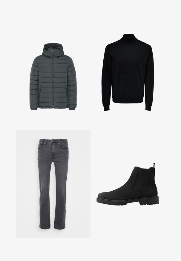 Veste matelassée gris foncé avec capuche, fermeture éclair sur le devant, deux poches latérales zippées, poignets élastiques et coutures horizontales.; Pull à col roulé noir, fabriqué en tissu doux, avec des manches longues, des poignet et ourlet côtelés, un col ajusté et une texture lisse.; Jean en denim gris avec une coupe droite, présentant des poches avant et une fermeture à bouton classique. Texture lisse avec un léger dégradé.; Pier One by Zalando UNISEX - Bottines - black