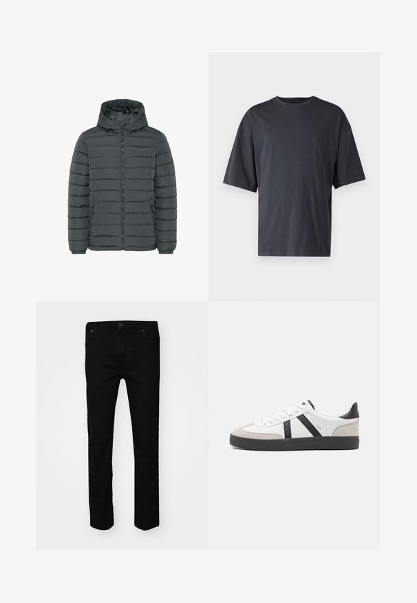 Veste matelassée gris foncé avec capuche, fermeture éclair sur le devant, deux poches latérales zippées, poignets élastiques et coutures horizontales.; T-shirt à manches courtes gris foncé en coton léger, avec une coupe ample et un col rond classique, présentant une texture unie et sans motifs.; Poche arrière d’un jean Wrangler noir avec un patch en cuir noir portant le nom de la marque cousu au-dessus de la poche.; Baskets blanches avec des accents noirs et gris, présentant un embout texturé gris, une semelle en caoutchouc noir et des lacets plats blancs. Design épuré, style minimaliste.