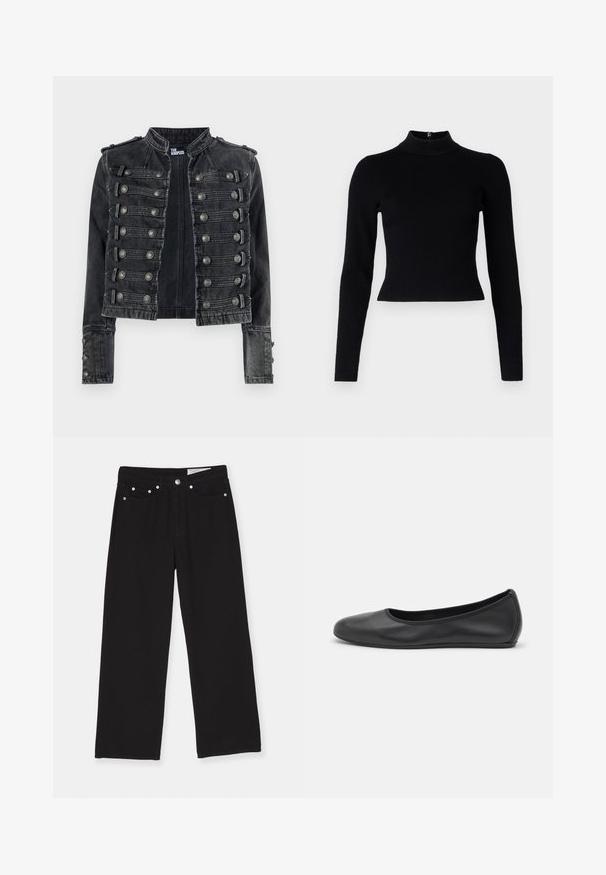 Schwarze, kurz geschnittene Denimjacke im Military-Stil mit metallischen Knopfdetails und Stehkragen, innen mit The Kooples gebrandet.; Schwarzer gerippter Rollkragenpullover mit langen Ärmeln und taillierter Silhouette, der eine glatte Textur und einen Reißverschlussdetail auf der Rückseite aufweist.; Schwarze weit geschnittene Jeans aus Denim, mit einem Fünf-Taschen-Design, Knopfverschluss und metallischen Hardware-Akzenten. Strukturierter Stoff mit glatter Oberfläche.; Schwarze Leder-Ballettschuhe mit abgerundeter Spitze, glatter Textur, minimalen Nähdetails und einem flexiblen Sohlen-Design.