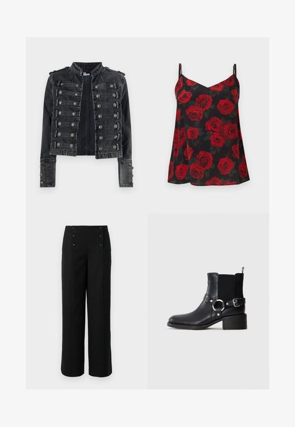 Sort cropped militærstil denimjakke med metalliske knapdetaljer og en stående krave, mærket indvendigt som The Kooples.; Sort camisole med rødt rosemønster, der har tynde justerbare stropper og en v-udskæring. Let, flydende stof med en blød tekstur.; Sorte bukser med brede ben lavet af glat stof, der har høj talje og fem frontknapper til lukning. Elegant, skræddersyet design.; Sort læder ankelstøvle med sidespænde og ringdetalje, elastisk sideskærm, lav blokhæl og trækstrop på neutral baggrund.