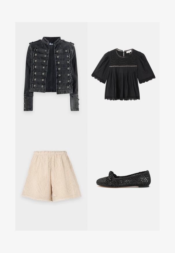 Čierna krátka vojenského štýlu rifľová bunda s kovovými gombíkmi a stojatým golierom, označená zvnútra ako The Kooples.; Čierna blúzka s krátkym rukávom, čipkovými detailmi na rukávoch a spodnej časti, vyšívaným zúžením, prešívaným predkom a retiazkou okolo výstrihu a hrudníka.; Béžové šortky s textúrovaným, vaflovým vzorom. Elastický pás a voľný strih. Dĺžka po stred stehna. Ľahký materiál.; Čierne ploché topánky s tkaným textilným zvrškom, s uzlom na špičke. Hladká podrážka, okrúly tvar špičky a otvorený tkaný dizajn.