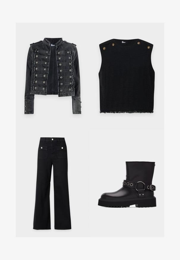 Schwarze, kurz geschnittene Denimjacke im Military-Stil mit metallischen Knopfdetails und Stehkragen, innen mit The Kooples gebrandet.; Schwarzes ärmelloses Oberteil aus strukturiertem Stoff, mit einem ausgefransten Saum und zwei goldfarbenen Knöpfen an der Schulter. Keine auffälligen Muster.; Schwarze Hosen mit weitem Bein und hoher Taille, zwei vordere Klappentaschen mit silbernen Knöpfen, Gürtelschlaufen und einem Knopfverschluss vorne.; Schwarzer Lederstiefel bis zur Mitte der Wade mit dicker Profilsohle, dekorativem Riemen mit silbernen Metallösen und Schnalle an der Seite.