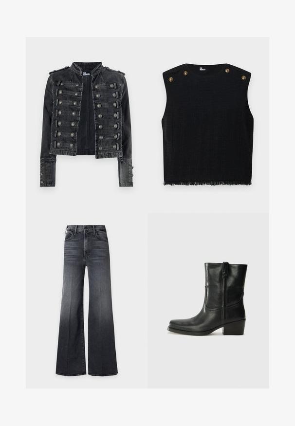 Sort cropped militærstil denimjakke med metalliske knapdetaljer og en stående krave, mærket indvendigt som The Kooples.; Sort ærmeløs top med et tekstureret stof, der har en flosset kant og to guldtonede knapper ved skulderen. Ingen bemærkelsesværdige mønstre.; Sort højtaljet bredbenet jeans med forlommer og knaplukning, med subtile falmninger og whiskering-detaljer.; Sort læder ankelstøvle med rundt tå, blokhæl, lynlås i siden og stikninger på vampsiden. Glat tekstur, klassisk design.