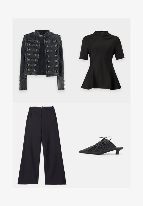 Čierna krátka vojenského štýlu rifľová bunda s kovovými gombíkmi a stojatým golierom, označená zvnútra ako The Kooples.; Čierny top s krátkym rukávom a vysokým výstrihom, vyrobený z hladkej látky. Rozšírený lem so bočnými rozparkami. Čisté línie a priliehavý strih.; Maje PIMANO - Nohavice - noir; Čierne kožené slip-on mule s špicatou špičkou, zberanou textúrou a malým podpätkom. Obsahuje šnúrovací detail na otvorení.