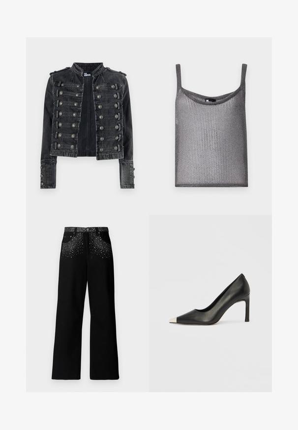 Zwarte cropped denim jas in militaire stijl met metalen knoopdetails en een opstaande kraag, aan de binnenkant merk The Kooples.; Grijs mouwloze top gemaakt van een zachte, gestructureerde brei-stof met een losse pasvorm en ronde halslijn. Voorzien van dunne schouderbandjes.; Zwarte jeans met een wijdvallend ontwerp, voorzien van een verspreid zilveren studs patroon op de zakken en de tailleband. Gemaakt van denim stof.; Zwarte leren hoge hak met een spits toelopende neus en een metalen zilverkleurige kap. Heeft een gladde afwerking en een slanke hak van 10 cm.