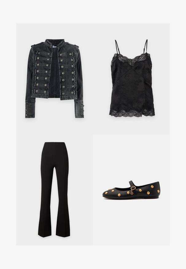 Zwarte cropped denim jas in militaire stijl met metalen knoopdetails en een opstaande kraag, aan de binnenkant merk The Kooples.; Zwarte satijnen cami met dunne verstelbare bandjes, bloemenjacquardpatroon en kanten rand langs de halslijn en zoom.; Zwarte hoge taille broek met een aansluitend bovenbeen en licht uitlopende onderpijp, getoond tegen een effen lichte achtergrond.; Zwarte Mary Jane platte schoen met gouden ronde studs, een gouden gespbandje en een klein gouden bedeltje dat aan het bandje hangt.