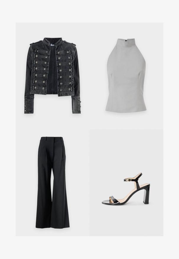 Černá krátká vojenského stylu džínová bunda s kovovými knoflíky a stojáčkovým límcem, značená uvnitř jako The Kooples.; Šedý halter top s vysokým výstřihem, dobře padnoucí, hladkou texturou a švy na bocích. Bez viditelných zapínání.; Veronica Beard OLLIE PANT - Kalhoty - black; Černé lakované kožené sandály na vysokém podpatku s řemínkem kolem kotníku, otevřenou špičkou a hranatým podpatkem. Hladká textura a minimalistický design.