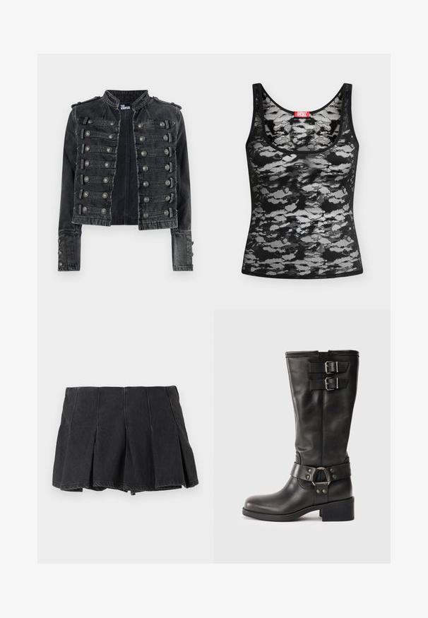 Zwarte cropped denim jas in militaire stijl met metalen knoopdetails en een opstaande kraag, aan de binnenkant merk The Kooples.; Mouwloos zwart-wit kanten hemdje met abstract camouflagepatroon en een rood Diesel-merklintje bij de halslijn, plat neergelegd op een witte achtergrond.; Zwarte geplooide mini rok met zichtbare naden, gemaakt van denim stof, afgebeeld tegen een effen lichte achtergrond.; Zwarte leren laars tot halverwege de kuit met twee zilveren gespen bij de bovenkant en een decoratieve riem met een metalen ring rond de enkel, blokhak.