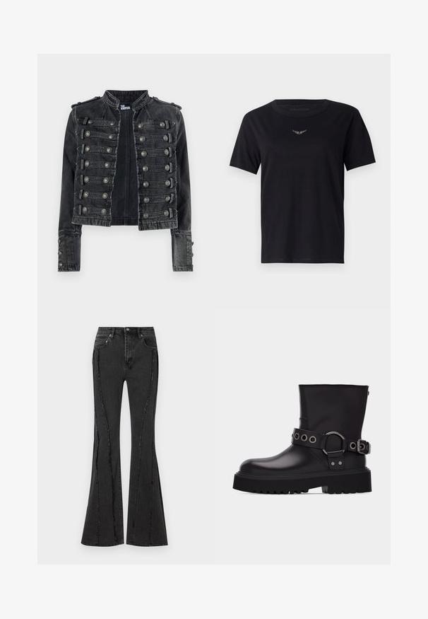 Sort cropped militærstil denimjakke med metalliske knapdetaljer og en stående krave, mærket indvendigt som The Kooples.; Sort bomulds T-shirt med rund hals, korte ærmer og et subtilt, tekstureret logo i sølv på brystet. Glat stoffinish.; Udvidede sorte denimjeans med slidte detaljer og synlige syninger. Har fem lommer og en knaplukning i taljen.; Sort læderstøvle til midten af læggen med tyk sål med slidbanemønster, dekorativ rem med sølvmetal-øjer og spænde på siden.