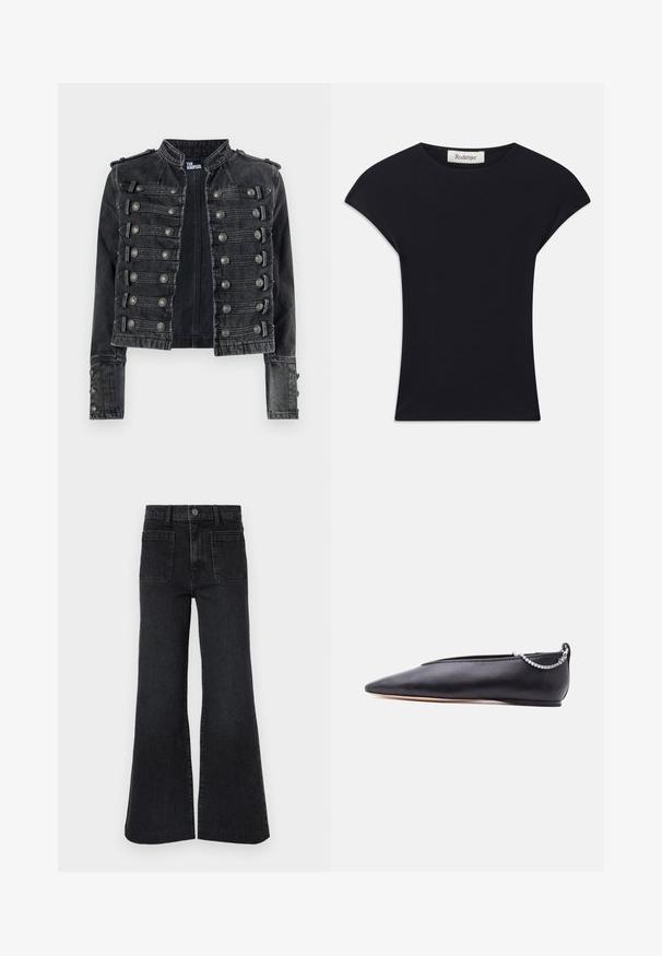 Chaqueta vaquera negra cortada estilo militar con detalles de botones metálicos y cuello alto, con la marca The Kooples en el interior.; Top negro de manga corta hecho de una tela suave, con un escote redondeado y una forma ajustada con sutiles acentos en los hombros. Etiqueta visible.; Jeans negros de cintura alta y pernera acampanada con trabillas para cinturón, botón delantero, cremallera y dos grandes bolsillos parche delanteros sobre fondo blanco.; Zapato plano de cuero negro con punta, tacón bajo y detalle de cadena plateada en la parte trasera sobre un fondo liso.