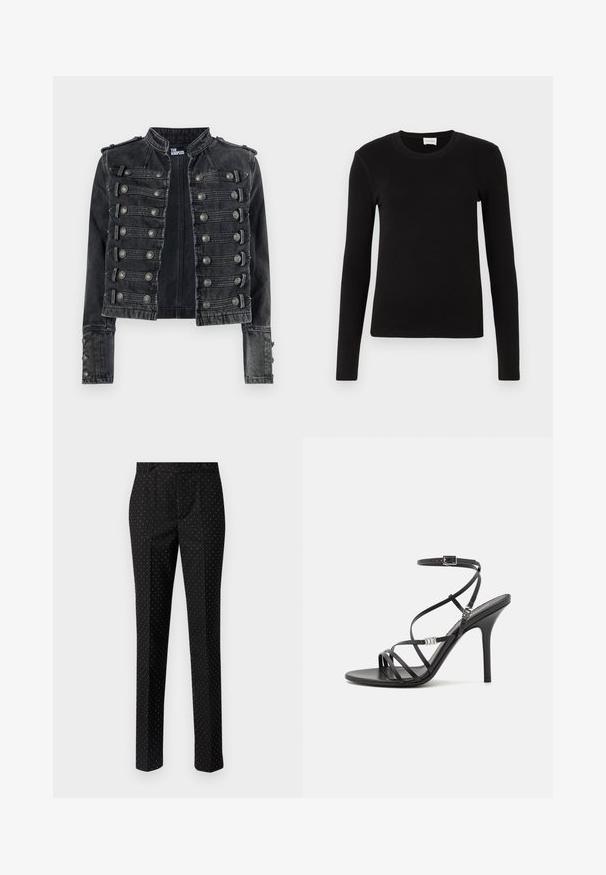 Schwarze, kurz geschnittene Denimjacke im Military-Stil mit metallischen Knopfdetails und Stehkragen, innen mit The Kooples gebrandet.; Schwarzes langärmeliges T-Shirt aus weichem, glattem Stoff. Mit rundem Halsausschnitt und taillierter Form, ohne sichtbare Muster oder Akzente.; Schwarze, schlank geschnittene Hose mit dezentem weißem Polka-Dot-Muster, zwei Vordertaschen und glatter Stoffstruktur.; Schwarze High-Heel-Sandale mit dünnen Riemen, einem Knöchelverschluss, einer glatten Lederoberfläche und einem schlanken Stiletto-Absatz.