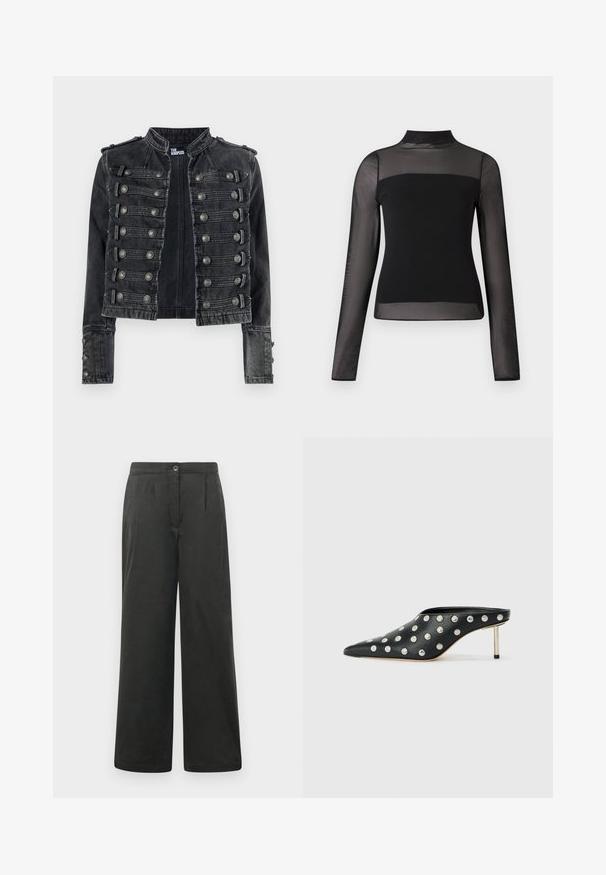 Sort cropped militærstil denimjakke med metalliske knapdetaljer og en stående krave, mærket indvendigt som The Kooples.; Sort langærmet top med høj hals, ensfarvet krop og gennemsigtige ærmer i figursyet design. Glat tekstur, minimalistisk stil.; Sorte bukser med bred benvidde og en glat tekstur, der har frontfoldninger, en knaplukning og en elastisk talje for komfort.; STAND STUDIO KELSEY - Mules med hæl - black