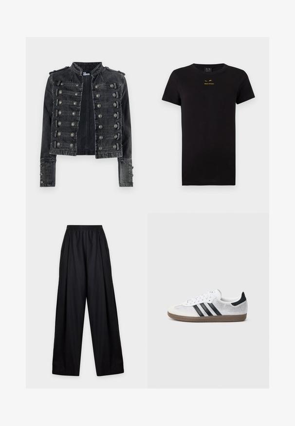 Zwarte cropped denim jas in militaire stijl met metalen knoopdetails en een opstaande kraag, aan de binnenkant merk The Kooples.; Zwarte T-shirt met korte mouwen van katoen. Kenmerkt zich door een gouden logo op de borst. Klassiek ontwerp met ronde hals. Zachte textuur.; Zwarte broek met wijde pijpen, een elastische tailleband en losse pasvorm, getoond op een effen lichtgrijze achtergrond.; Witte mesh sneaker met zwarte strepen, beige suède neuskapje en hielaccent, gestructureerde rubberen zool en witte veters. Klassiek ontwerp met lage schacht.