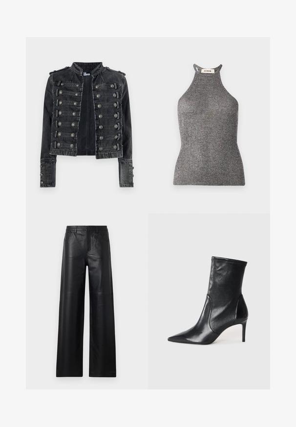 Schwarze, kurz geschnittene Denimjacke im Military-Stil mit metallischen Knopfdetails und Stehkragen, innen mit The Kooples gebrandet.; Graues Halterneck-Top aus geripptem Material, mit taillierter Passform und hohem Kragen mit offenen Seiten. Markenetikett am Kragen sichtbar.; Weite schwarze Lederhosen mit glatter Textur, ausgestattet mit Fronttaschen, einem Knopfverschluss und dezenten Steppnähten.; Schwarze Stiefeletten aus glattem Leder, mit einer spitzen Zehe, schmalem Schaft und schlanker, hoher Ferse. Minimalistisches Design ohne sichtbare Beschläge.
