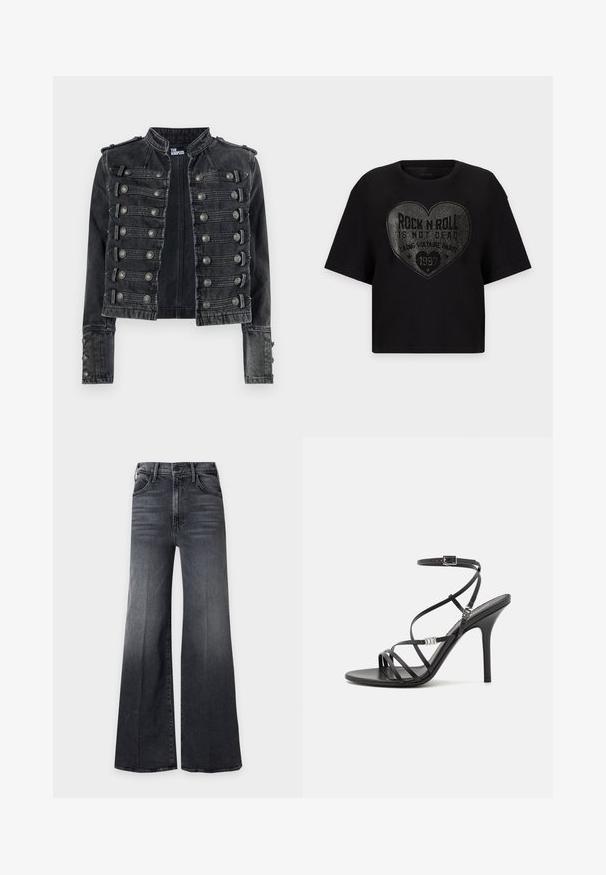 Chaqueta vaquera negra cortada estilo militar con detalles de botones metálicos y cuello alto, con la marca The Kooples en el interior.; Camiseta negra de manga corta con un gran diseño de tachuelas plateadas en forma de corazón y la frase "Rock n Roll is not dead" centrada en la parte delantera.; Vaqueros negros de tiro alto y pierna ancha con bolsillos delanteros y cierre de botón, con sutiles detalles de desvanecimiento y arrugas.; Sándalo negro de tacón alto con tiras finas, hebilla en el tobillo, superficie de cuero suave y tacón de aguja esbelto.
