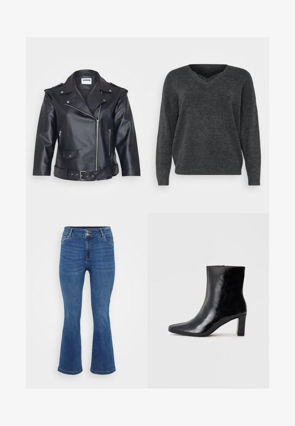 Chaqueta de moto de cuero negro con cuello con muescas, cremallera asimétrica, bolsillos laterales y cintura ajustada con cinturón. Acabado texturizado y herrajes metálicos.; Suéter de punto gris oscuro con escote en V, mangas largas y un corte relajado. Textura suave, detalles mínimos y un acabado liso.; Jeans de mezclilla azul acampanados con una cintura alta, que presentan dos bolsillos frontales, un cierre de botón y una tela texturizada con un leve desgastado.; Botín negro de tobillo hecho de cuero brillante, con punta afilada y un tacón de bloque medio, con una textura suave y un diseño sencillo.