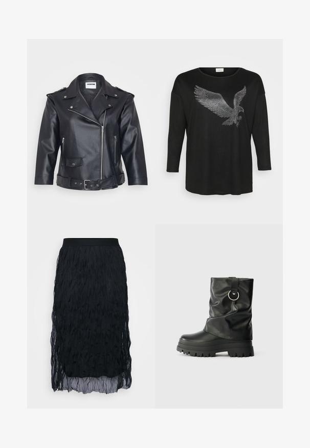 Chaqueta de moto de cuero negro con cuello con muescas, cremallera asimétrica, bolsillos laterales y cintura ajustada con cinturón. Acabado texturizado y herrajes metálicos.; Camisa negra de manga larga con un diseño brillante de un águila hecho de piedras de strass plateadas, con un corte relajado y cuello redondo.; Falda negra con textura arrugada, con una cinturilla sólida. El diseño es de longitud hasta la rodilla con una silueta fluida y en capas.; Botas negras hasta la mitad de la pantorrilla en material sintético brillante con diseño abombado, que presentan un detalle redondo plateado y suela de goma gruesa.