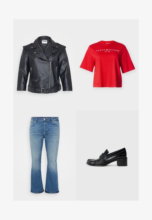 Sort lædermotorcykeljakke med spids krave, asymmetrisk lynlås, sidelommer og bælte i taljen. Tekstureret overflade og metallisk hardware.; Rød kortærmet Tommy Hilfiger T-shirt med hvidt logotekst og emblem på brystet og et lille flaglogo på venstre ærme.; Lyseblå flagrende jeans med denimtekstur, fem-lomme design, messingknap lukning og falming på lår og underben.; Sorte læder loafers med en bølget front, rund tå og en blokhælc. Har et dekorativt bånd og syninger langs kanterne.