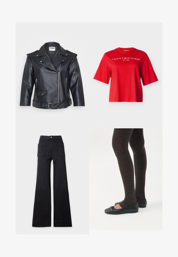 Sort lædermotorcykeljakke med spids krave, asymmetrisk lynlås, sidelommer og bælte i taljen. Tekstureret overflade og metallisk hardware.; Rød kortærmet Tommy Hilfiger T-shirt med hvidt logotekst og emblem på brystet og et lille flaglogo på venstre ærme.; Sorte bukser med høj talje og vide ben med frontlommer med lap og knaplukning, lagt fladt på en ensartet lys baggrund.; Ben iført mørke ribbede leggings kombineret med sorte balletsko med små sløjfedetaljer på hvid baggrund.