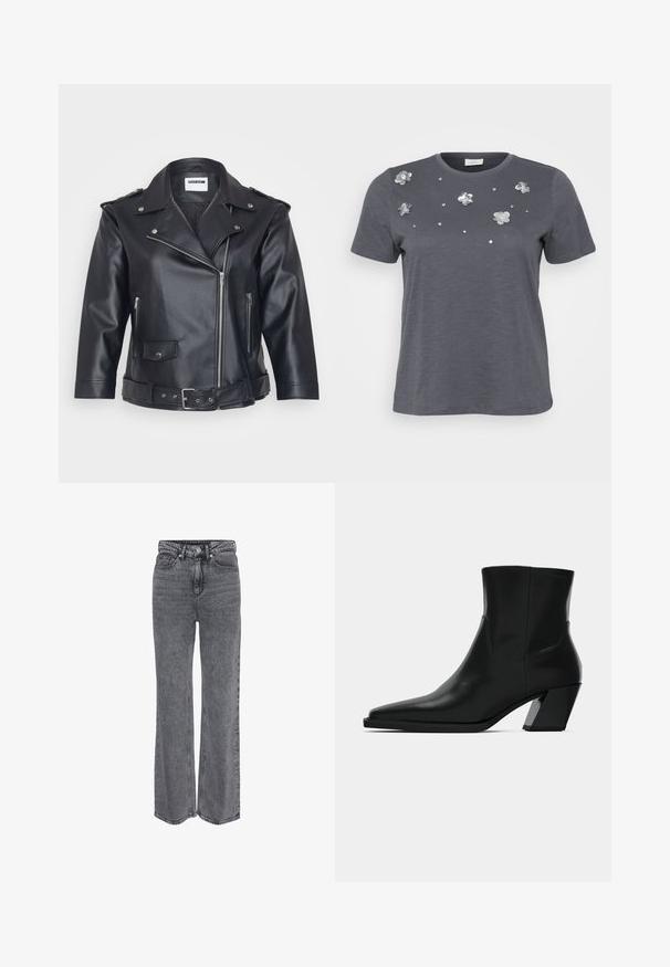 Chaqueta de moto de cuero negro con cuello con muescas, cremallera asimétrica, bolsillos laterales y cintura ajustada con cinturón. Acabado texturizado y herrajes metálicos.; Camiseta de algodón gris con mangas cortas, con aplicaciones metálicas de flores y lentejuelas dispuestas en el frente. Textura suave, corte holgado.; Vaqueros de mezclilla gris de tiro alto y pierna recta, con cierre frontal de botón y cremallera, y diseño clásico de cinco bolsillos.; Bota de tobillo de cuero negro con punta afilada, una silueta elegante y un tacón cuadrado grueso. Textura suave con detalles de costura mínimos.