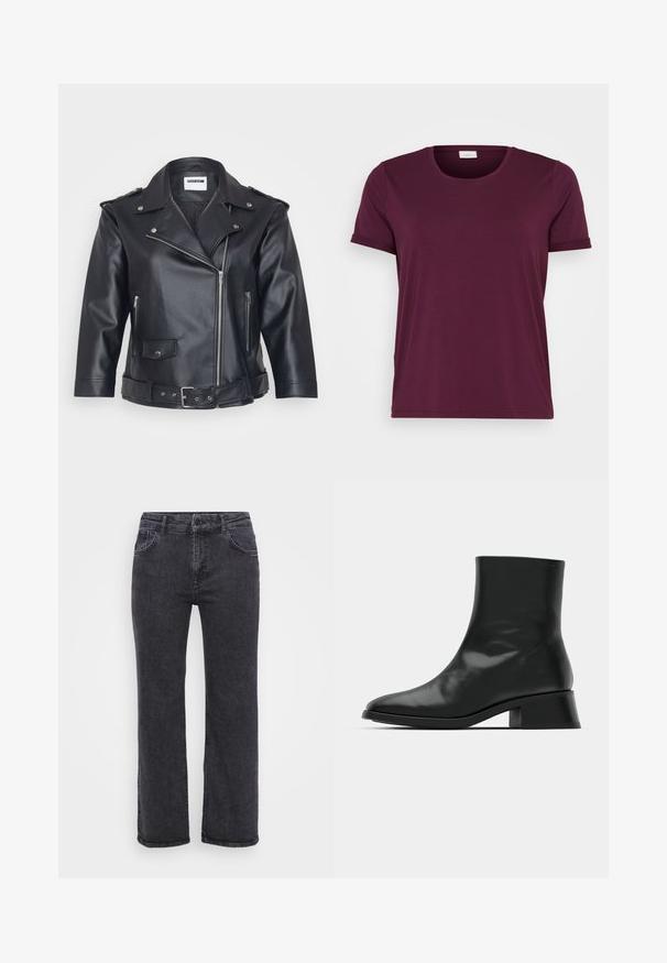 Veste de moto en cuir noir avec un col cranté, une fermeture éclair asymétrique, des poches latérales et une taille ceinturée. Fini texturé et quincaillerie métallique.; T-shirt court à manches courtes de couleur bordeaux, fabriqué en tissu doux, avec un col rond et des manches repliées, offrant une texture lisse et une coupe décontractée.; Jean en denim noir avec une coupe droite, cinq poches et une fermeture à bouton. Le tissu a une texture légèrement délavée et des coutures robustes.; Bottine noire en cuir brillant, au design épuré, avec un bout pointu et un petit talon bloc pour plus de stabilité.