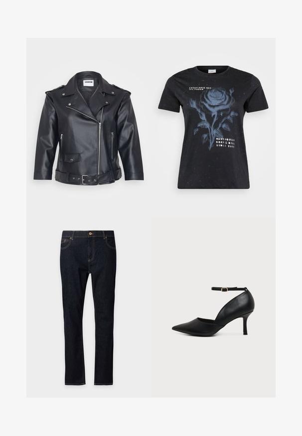 Veste de moto en cuir noir avec un col cranté, une fermeture éclair asymétrique, des poches latérales et une taille ceinturée. Fini texturé et quincaillerie métallique.; ONLY Carmakoma CARMIKO WASHED SS REG TEE JRS - T-shirt imprimé - black; Jean en denim bleu foncé avec poches avant, fermeture par boutons et surpiqûres contrastantes, présenté à plat sur un fond uni.; Chaussure en cuir noir à bout pointu avec talon kitten, bride à la cheville et boucle dorée sur fond neutre.