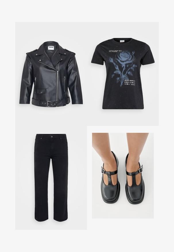 Sort lædermotorcykeljakke med spids krave, asymmetrisk lynlås, sidelommer og bælte i taljen. Tekstureret overflade og metallisk hardware.; ONLY Carmakoma CARMIKO WASHED SS REG TEE JRS - T-shirts print - black; Sorte denimjeans med lige ben-design. Funktioner inkluderer en knaplukning i taljen, bæltestropper og front-/baglommer. Glat tekstur.; Sorte lædersko med T-rem-design, lukket tå og sølvfarvede spændeaccenter. Glat tekstur med rundet tå og flad sål.