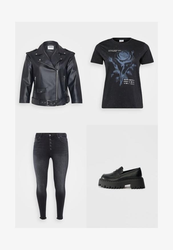 Sort lædermotorcykeljakke med spids krave, asymmetrisk lynlås, sidelommer og bælte i taljen. Tekstureret overflade og metallisk hardware.; ONLY Carmakoma CARMIKO WASHED SS REG TEE JRS - T-shirts print - black; Højtaljede sorte skinny jeans med knaplukning foran, falmet tekstur og frynset kant detalje. Fremstillet af denim materiale.; Sort læderloafer med en tyk, klodset gummisål, der har en tandet kant og en enkelt dekorativ hardwaredetalje på overdelen.