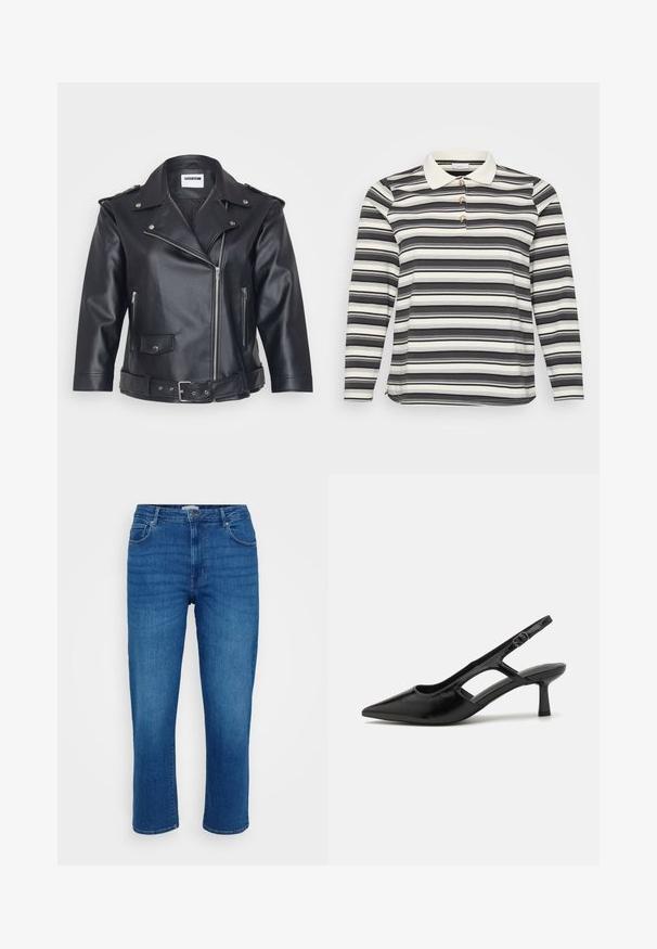 Chaqueta de moto de cuero negro con cuello con muescas, cremallera asimétrica, bolsillos laterales y cintura ajustada con cinturón. Acabado texturizado y herrajes metálicos.; Camisa polo de manga larga con un patrón de rayas en blanco y negro, que presenta un cuello blanco en contraste y tres acentos de botones decorativos.; Jeans de mezclilla azul con un diseño de pierna recta, estilo de cinco bolsillos y un cierre clásico de botón y cremallera, que presentan un ligero desgastado en la parte delantera.; Tacones de slingback negros con punta afilada, hechos de material brillante, que presentan acentos recortados y un tacón moderado para mayor soporte.