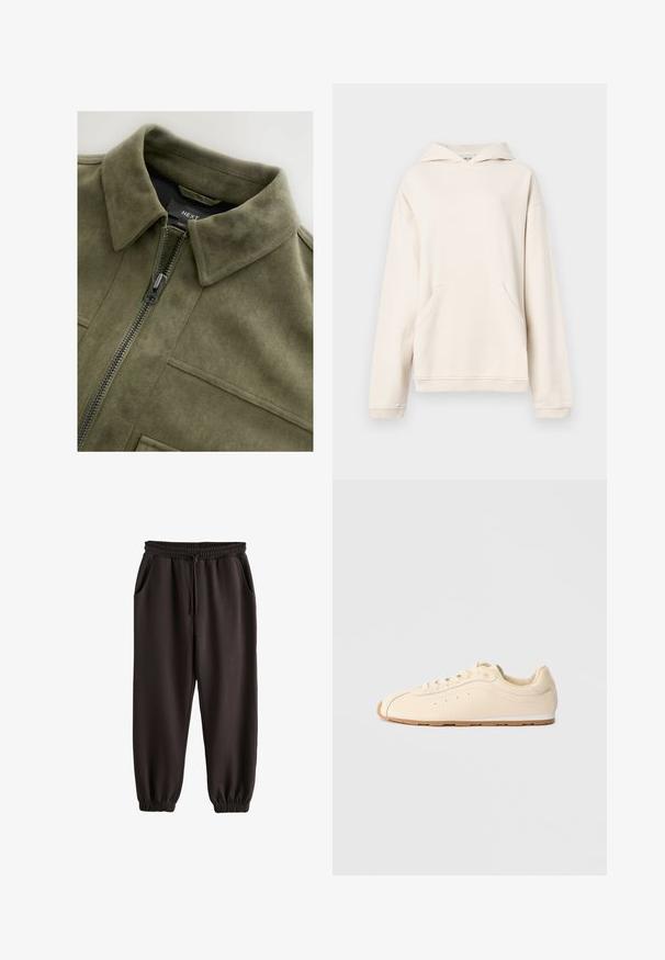 Olivengrøn suede-jakke med krave, frontlynlås og to brystlommer. Glat tekstur med subtile syninger.; Beige pullover hoodie med kængurulomme, ribbede manchetter og afslappet pasform, udstillet mod en ensfarvet lys grå baggrund.; Sorte joggingbukser med elastisk talje og ankle cuffs, forlommer og snørrelukning.; Beige sneakers lavet af glat læder med en rund tå, flad gummisål og minimalistisk design med diskret syninger og perforeringer.