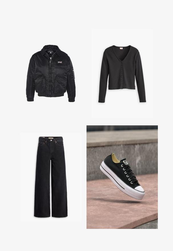 Veste bomber noire, en satin, fermeture éclair, deux poches frontales et une poche sur la manche. Dotée d'un patch logo Schott sur la poitrine.; Cardigan noir à côtes avec manches longues, décolleté en V et fermeture à six boutons à l'avant. Fabriqué en tissu texturé doux.; Jean noir à jambe large en denim, comportant cinq poches, des rivets en laiton et une fermeture à bouton classique. Texture lisse avec un design épuré.; Baskets basses noires avec semelle et bout en caoutchouc blanc, posées sur une surface en béton rose près d’un banc en pierre gris.