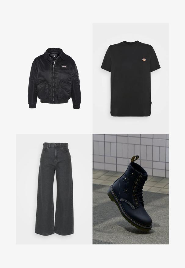 Veste bomber noire, en satin, fermeture éclair, deux poches frontales et une poche sur la manche. Dotée d'un patch logo Schott sur la poitrine.; T-shirt en coton noir à manches courtes, col rond, avec un logo coloré sur la poitrine gauche. Ourlet droit avec détail d'étiquette sur le côté.; Jeans taille haute à jambes larges en denim gris foncé. Design classique avec une coupe droite, comprenant des passants de ceinture et des poches avant.; Botte noire en cuir unique avec coutures jaunes, motifs floraux en relief, lacets noirs et languette de tirage jaune, posée sur un pavé texturé.