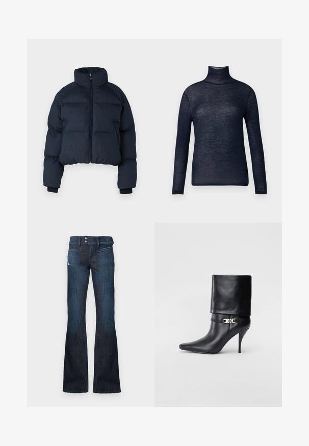 Veste matelassée marine avec une texture côtelée, un col haut et une fermeture éclair à l'avant. Design cropped avec des poignets élastiques. Convient pour le temps frais.; Haut col roulé bleu marine en tissu léger, avec des manches longues et une silhouette ajustée. Texture lisse avec un minimum de détails.; Jeans en denim bleu foncé avec taille haute, fermeture à double bouton, poches plaquées à l'avant et jambes évasées.; Bottine en cuir noir avec un bout pointu, un haut talon aiguille, un revers, et un détail décoratif en boucle dorée au niveau de la cheville.