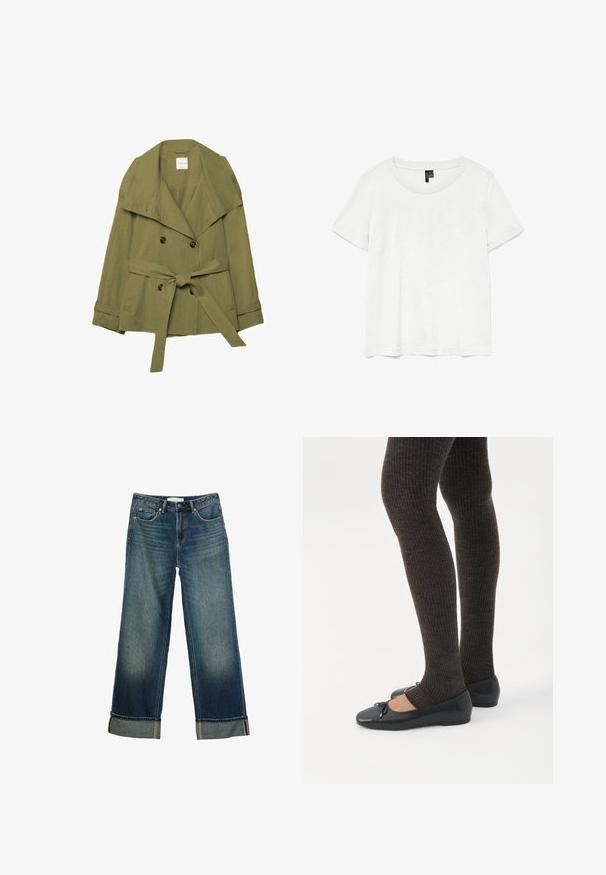Veste croisée vert olive avec larges revers, boutons sur le devant, ceinture nouée en nœud à la taille et pattes de serrage aux manches longues.; T-shirt blanc à manches courtes avec un col rond, fabriqué en tissu léger. Design simple, texture lisse et ourlet droit.; Jean en denim bleu foncé avec jambes larges, revers roulés, bouton à l'avant et design cinq poches.; Jambes portant des leggings côtelés foncés associés à des ballerines noires avec de petits détails en nœud sur fond blanc.