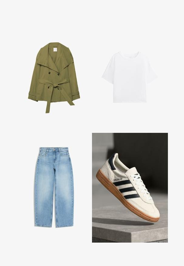 Veste croisée vert olive avec larges revers, boutons sur le devant, ceinture nouée en nœud à la taille et pattes de serrage aux manches longues.; T-shirt blanche à manches courtes avec un col rond, fabriquée en tissu lisse. Coupe décontractée et design simple sans motifs ni détails supplémentaires.; Jean large bleu clair avec poches avant, passants pour ceinture et fermeture par bouton sur fond blanc.; Baskets en daim blanc avec des bandes navy, semelle en caoutchouc gomme, tige texturée, bout rond et lacets ; arbore un logo sur le côté et sur la languette.