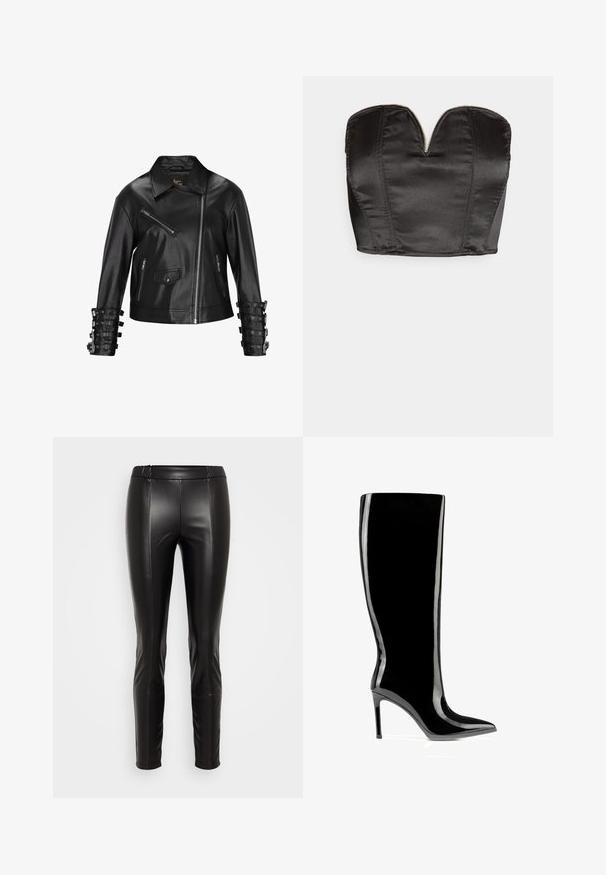 faina Chaqueta de cuero - black; Vero Moda VMSALLY CROPPED SIMILI CORSAGE - Top - black; Leggings de imitación de cuero negro con cintura elástica, silueta ajustada, textura suave y detalles de costura que recorren la parte delantera.; Bota negra de charol hasta la rodilla con punta afilada y tacón de aguja, acabado elegante y brillante.