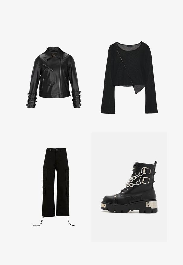 faina Chaqueta de cuero - black; Top corto de manga larga negro en un tejido ligero y transparente. Presenta un escote redondo y un dobladillo asimétrico con una ligera textura.; Pantalones cargo negros con un corte relajado, que presentan bolsillos cargo en los laterales, dobladillos con cordón y un cierre de botón en la cintura.; Koi Footwear SHACKLED SHADOWS HEAVY DUTY CHAIN - Botines camperos - black