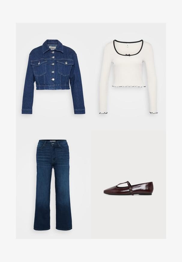 Afskåret denimjakke i mørkeblå, med krave, sølv hardware, to brystlommer og knaplukning foran.; Hvid langærmet crop top med en bred sortkantet rund halsudskæring, en center bånd detalje, og flæser i sort ved ærmerne og kanten.; ONLY Petite ONLMADISON BLUSH WIDE - Wide leg - dark blue denim; Mørk burgunderfarvet flad lædersko med spids tå og en tynd T-rem med en sølvspænde på en hvid baggrund.